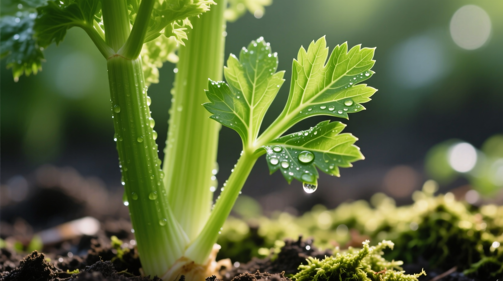 Close-up of fresh celery stalks with vibrant green leaves