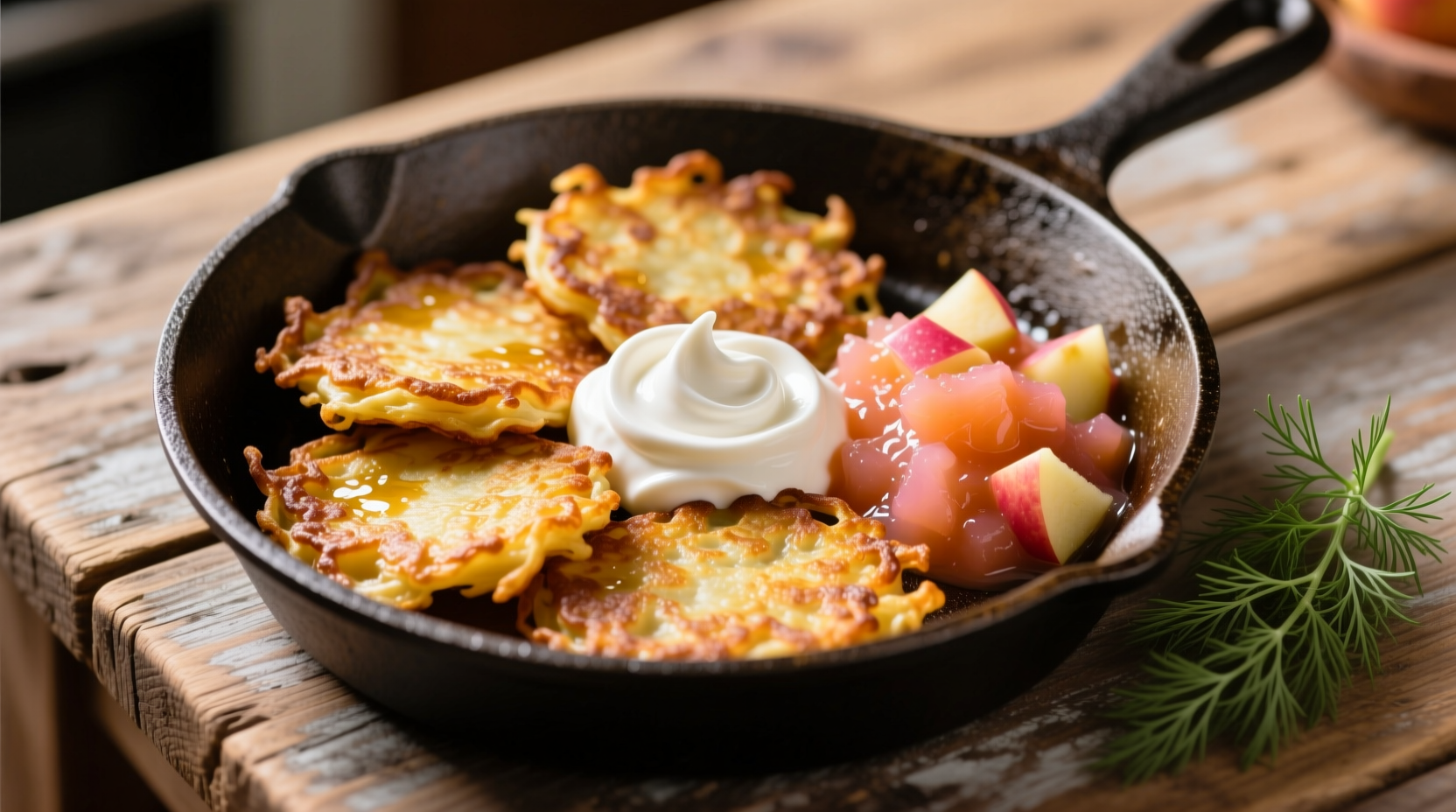 Golden brown potato latkes served with sour cream and applesauce
