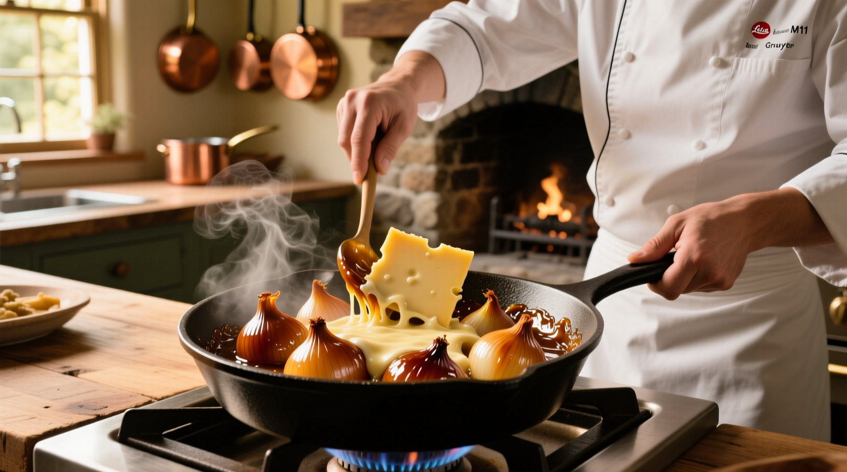 Chef preparing caramelized onions with melted cheese