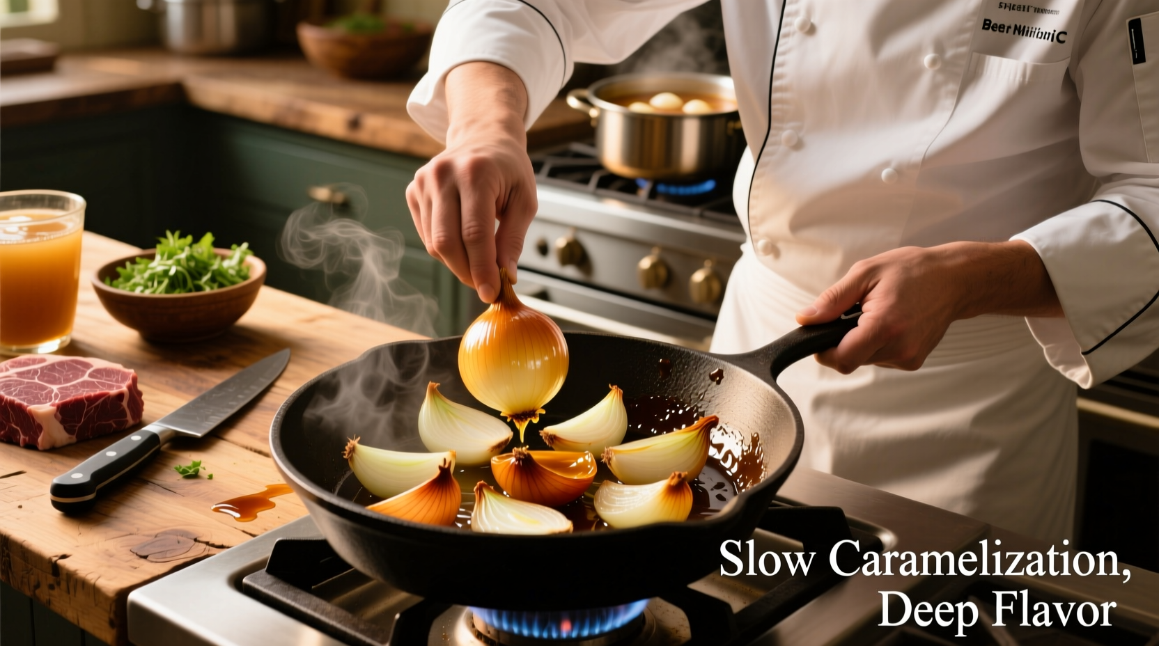 Chef preparing caramelized onions for beef onion soup
