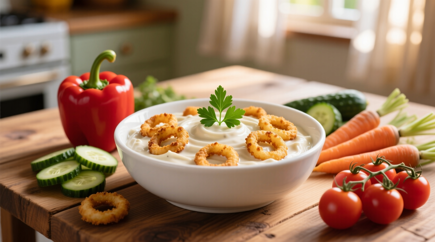Creamy onion ring dip in white bowl with fresh vegetables