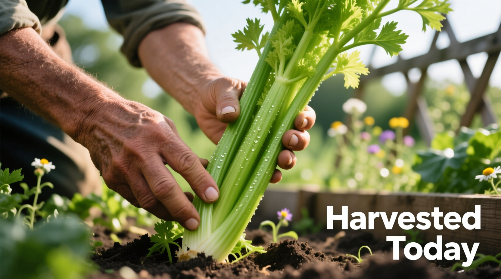 Hand harvesting celery stalks in garden