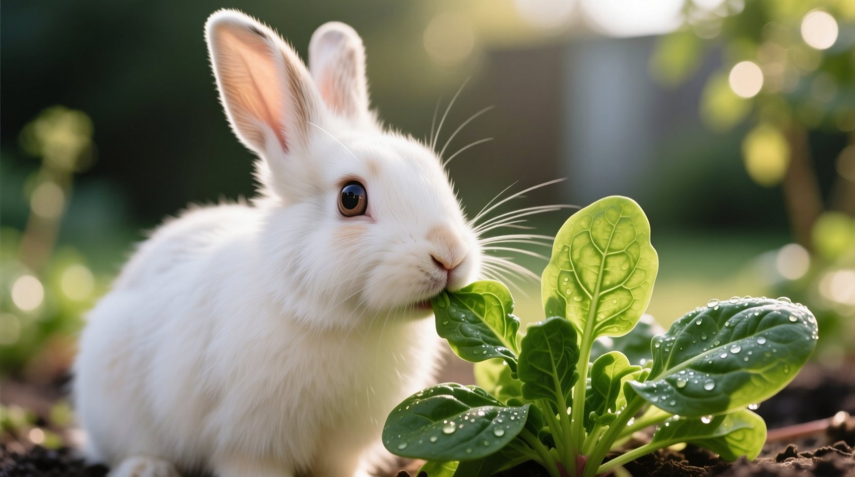 Rabbit carefully eating small portion of spinach leaves