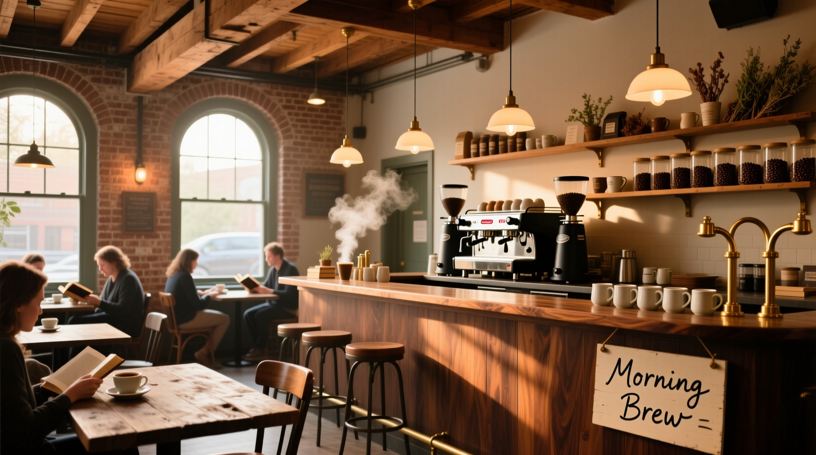 Red Onion Cafe interior with wooden tables and coffee bar