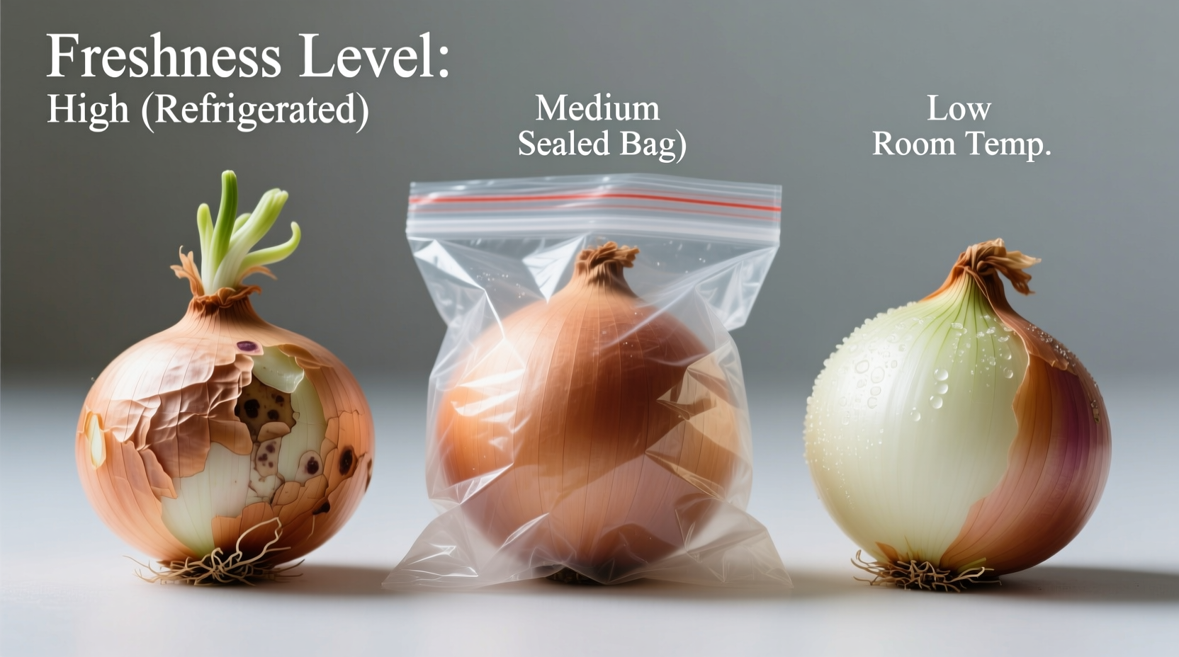 Onion storage comparison showing freshness levels