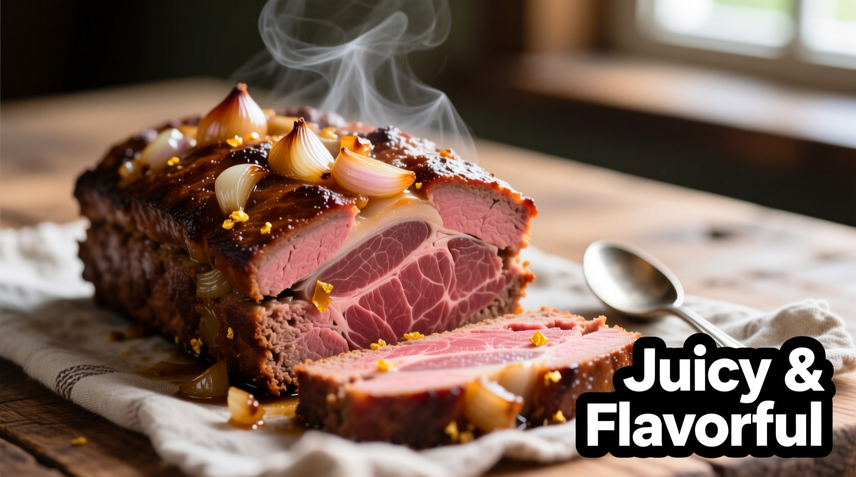 Sliced meatloaf with onion soup mix showing juicy interior