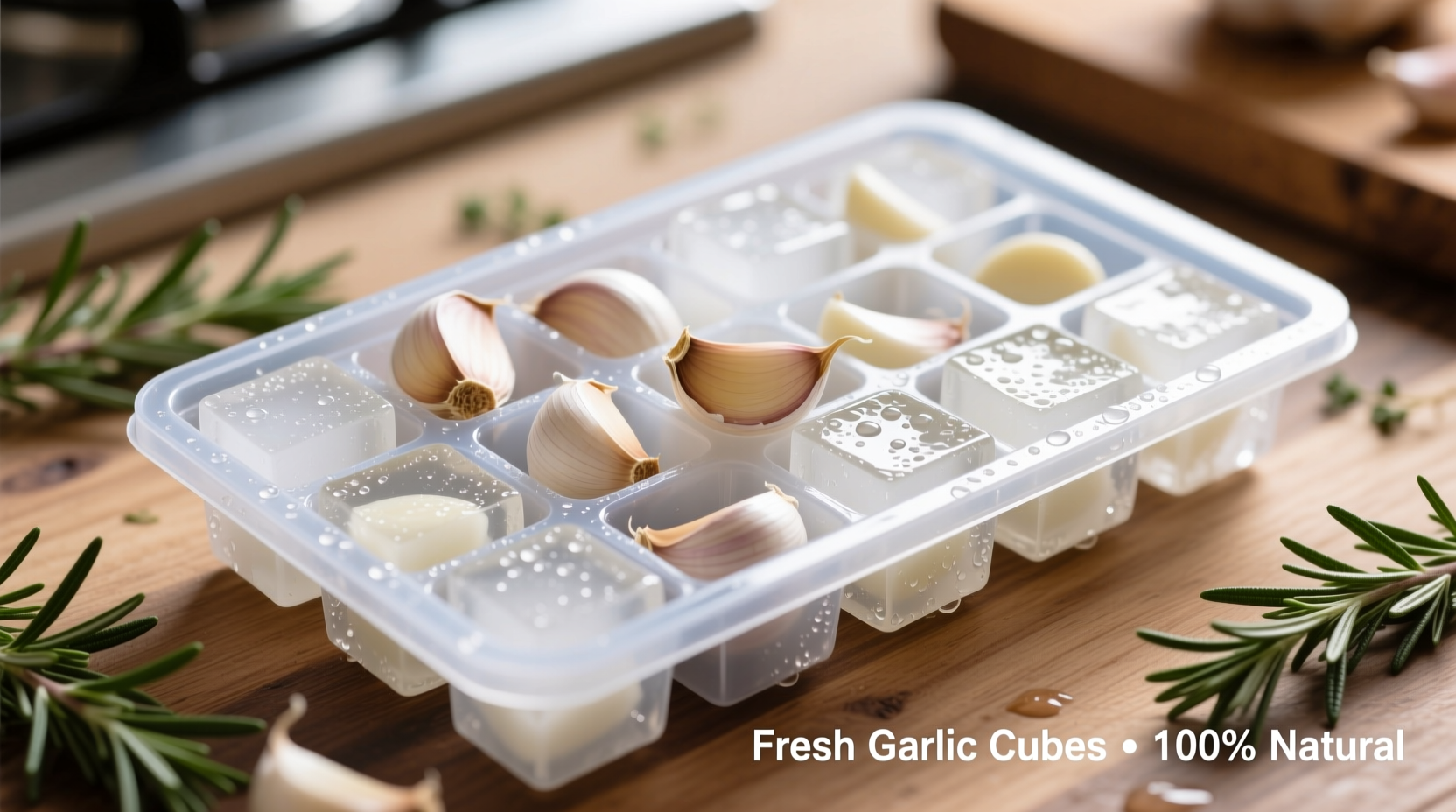 Homemade frozen garlic cubes in ice tray with fresh cloves