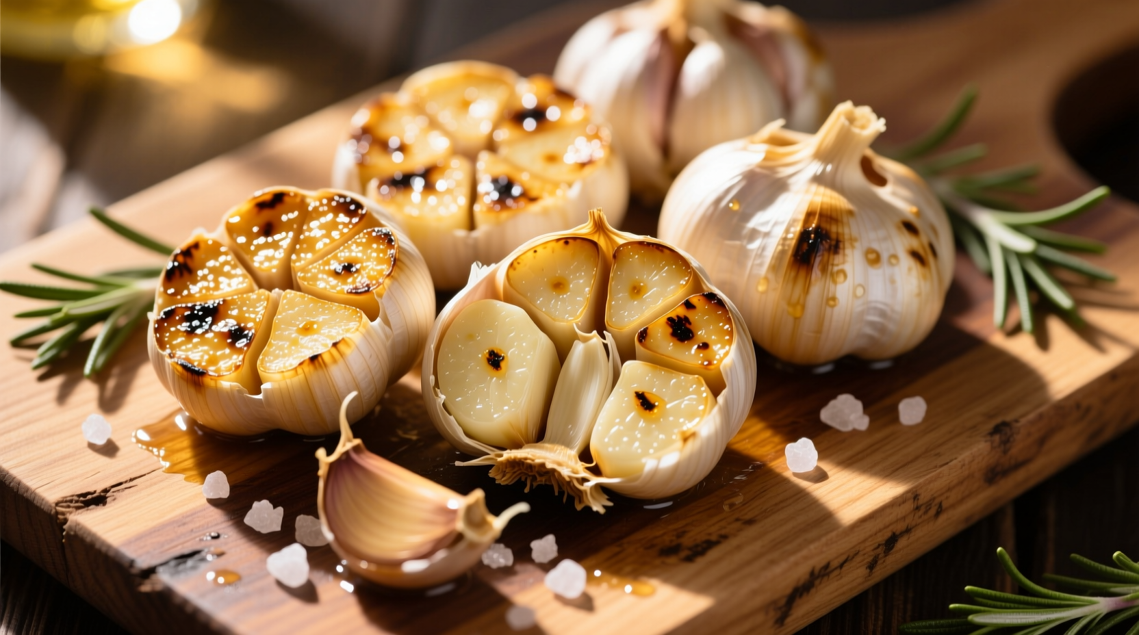 Golden roasted garlic cloves on wooden board