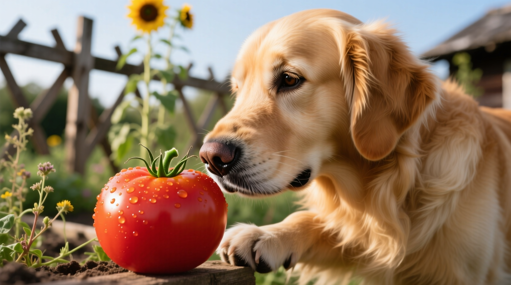 Golden retriever cautiously sniffing ripe red tomato