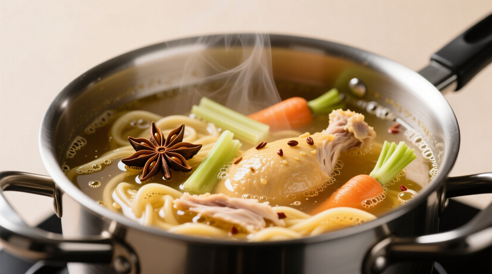 Golden chicken broth simmering in pot with visible star anise pod and vegetables