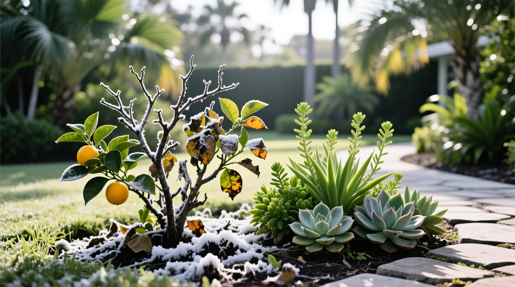 Orlando garden after 2021 freeze showing protected vs unprotected plants