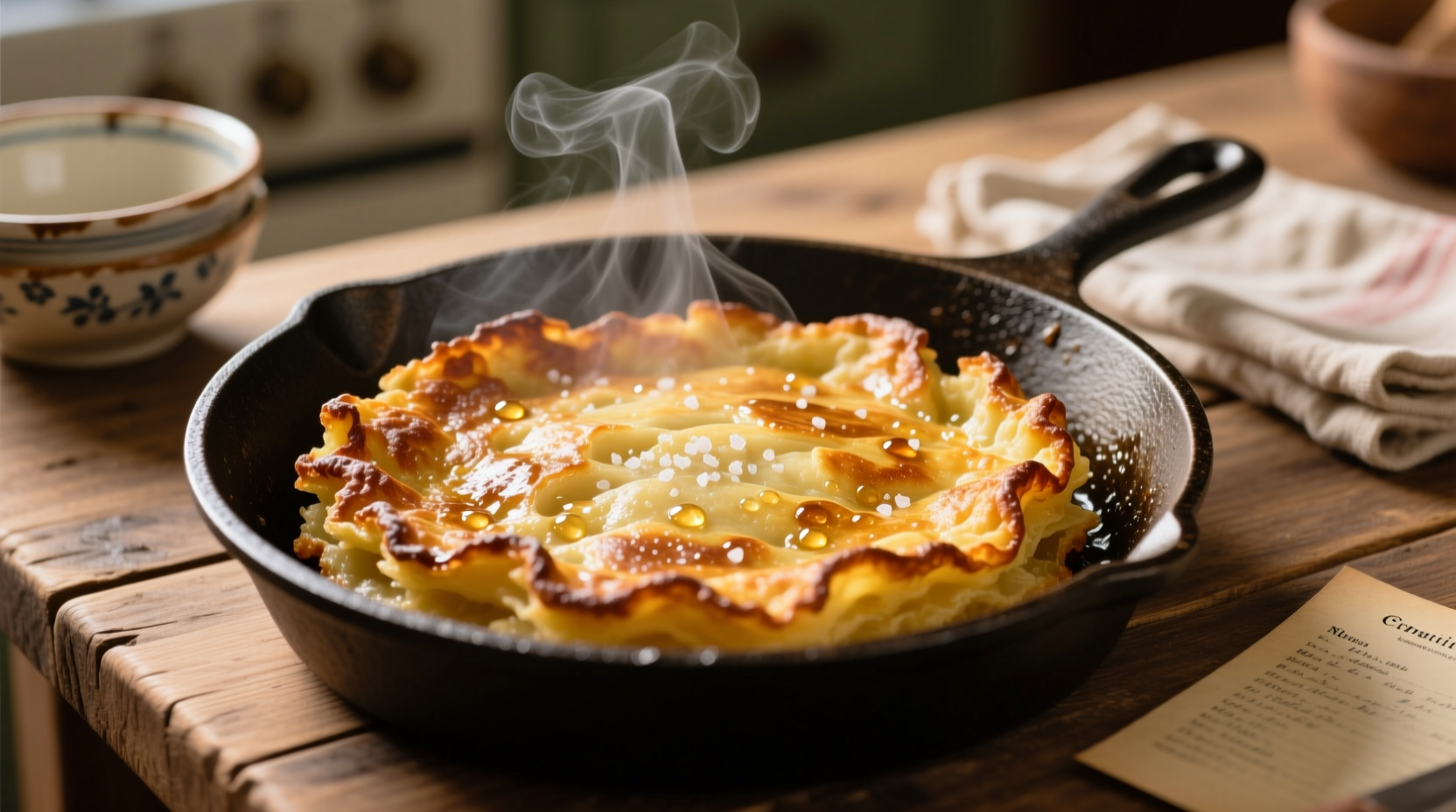Golden brown potato cake sizzling in cast iron skillet