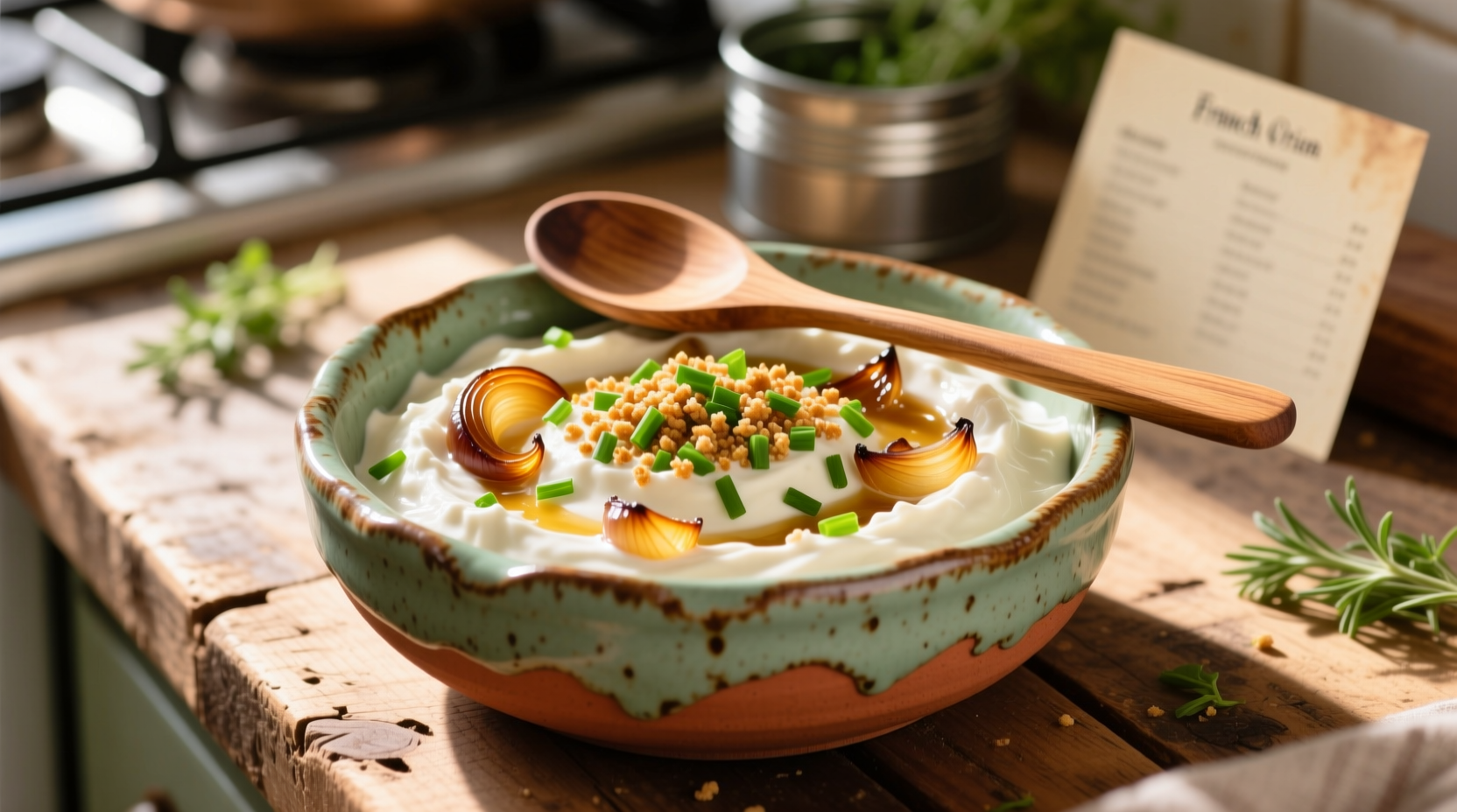 Homemade sour cream french onion dip in ceramic bowl