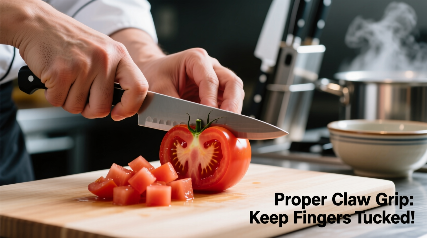 Chef's hand demonstrating proper claw grip while dicing tomato