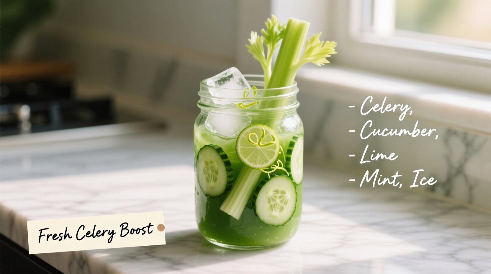 Fresh celery smoothie in glass with ingredients