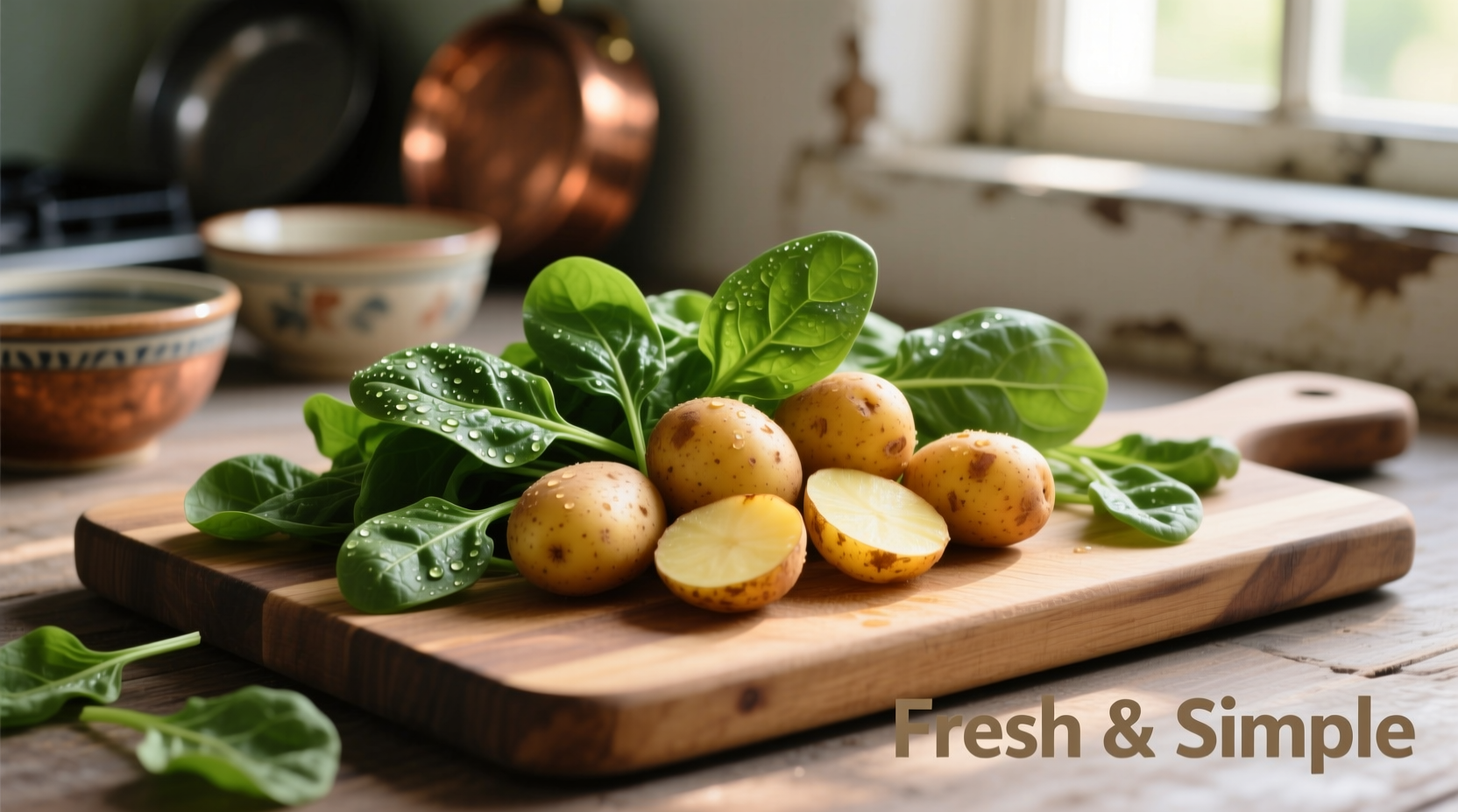 Fresh spinach and golden potatoes arranged on wooden cutting board