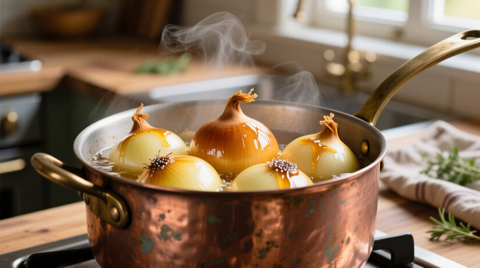 Perfectly caramelized yellow onions in a copper pot