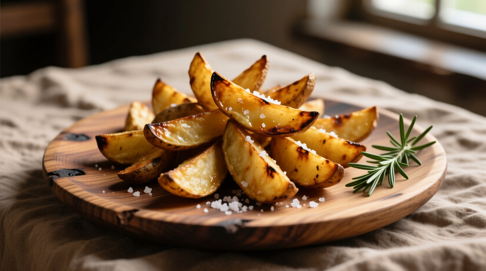 Golden brown potato wedges on a rustic wooden plate