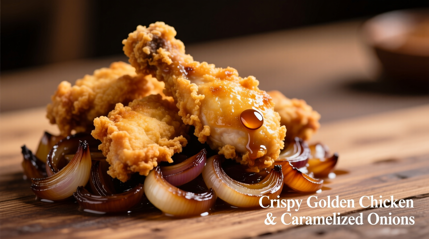 Crispy golden chicken pieces with caramelized onions