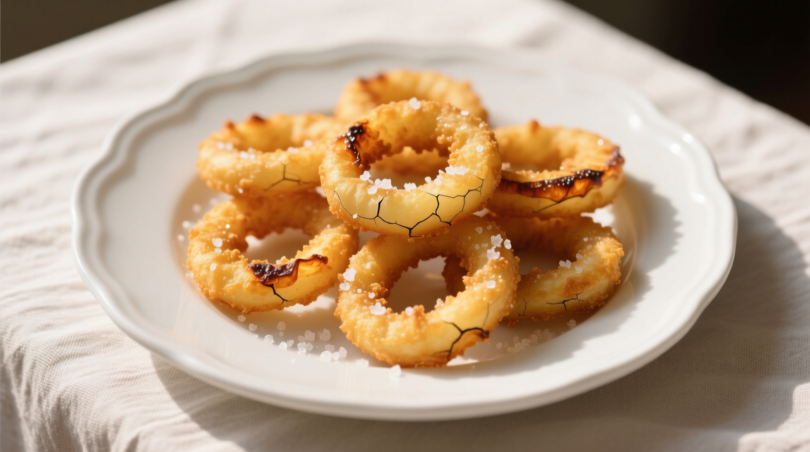 Crispy golden air-fried onion rings on white plate