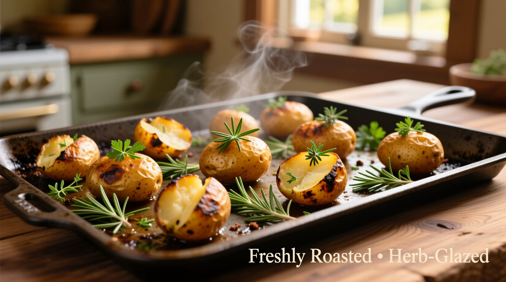 Golden roasted potatoes with fresh herbs on baking sheet