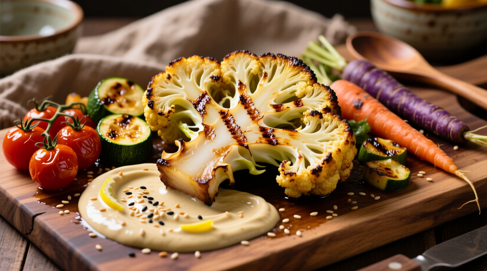 Cauliflower steak with vibrant tahini sauce and roasted vegetables