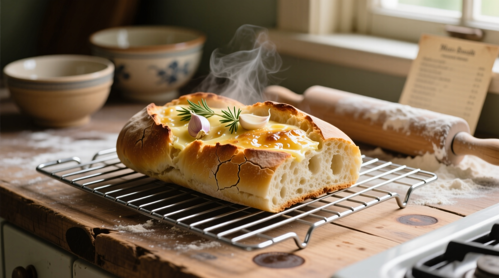Homemade garlic bread cooling on wire rack
