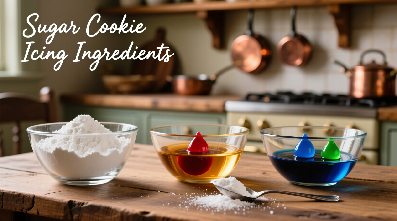 Homemade sugar cookie icing ingredients in glass bowls