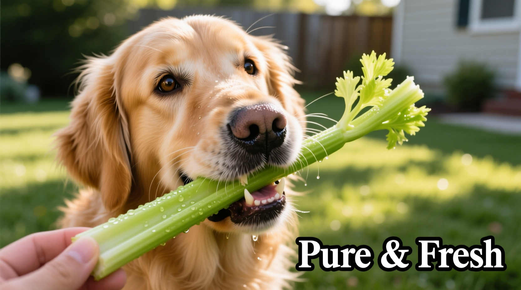 Golden Retriever eating celery stick