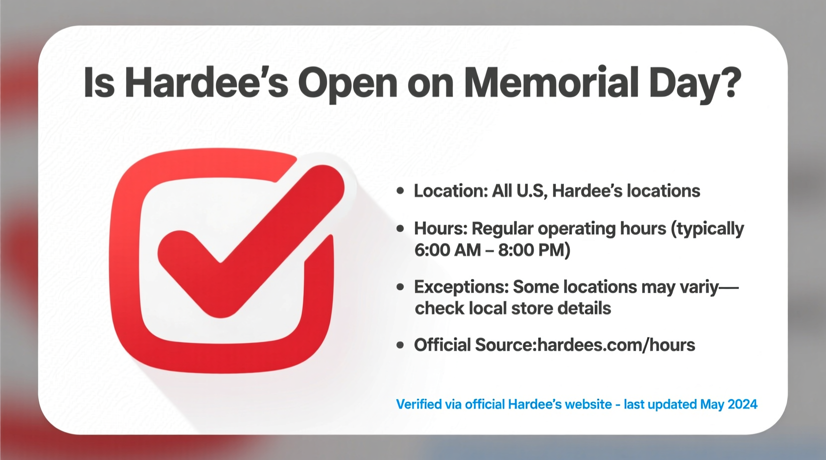 is hardees open on memorial day