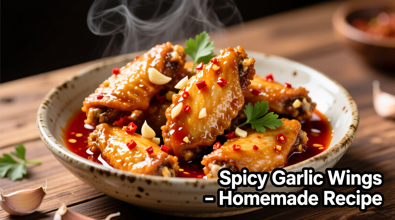 Homemade spicy garlic wing sauce being tossed with crispy chicken wings