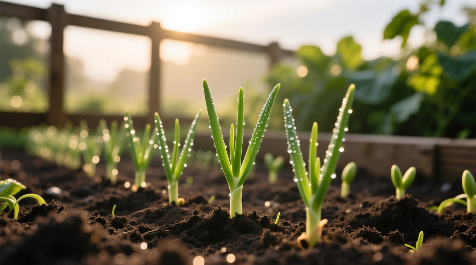 Short day onion seedlings growing in garden bed