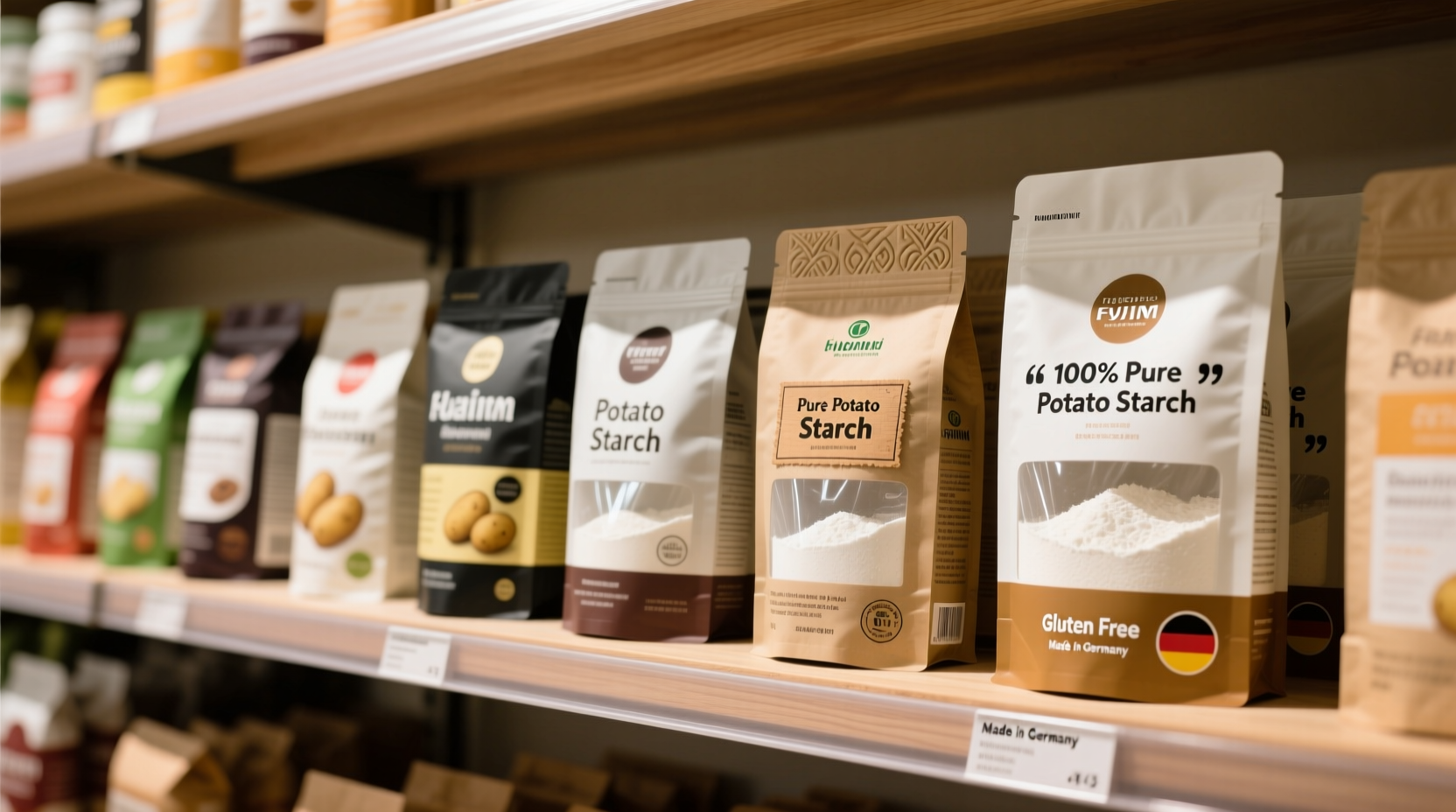 Potato starch packages from different brands on grocery shelf