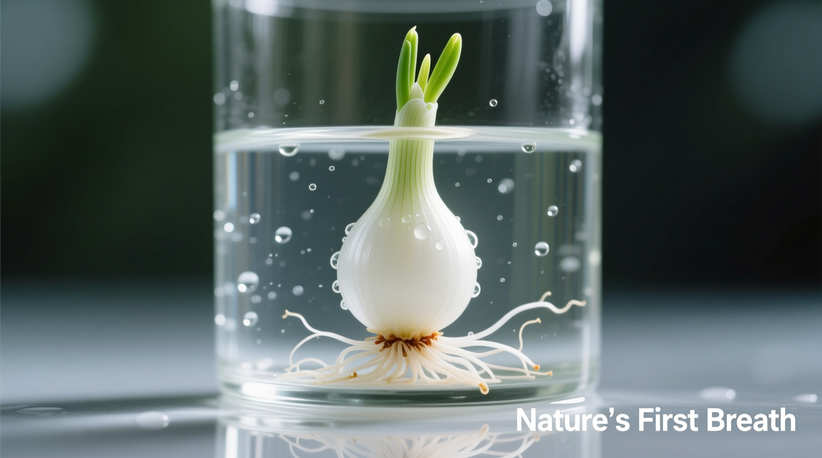 Sprouted onion growing in water with white roots