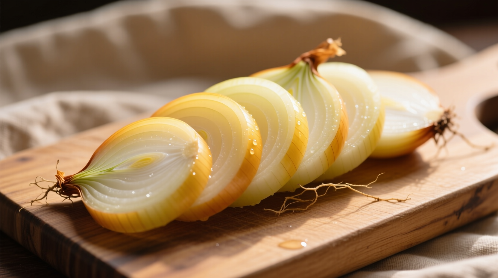 Raw yellow onion slices on cutting board
