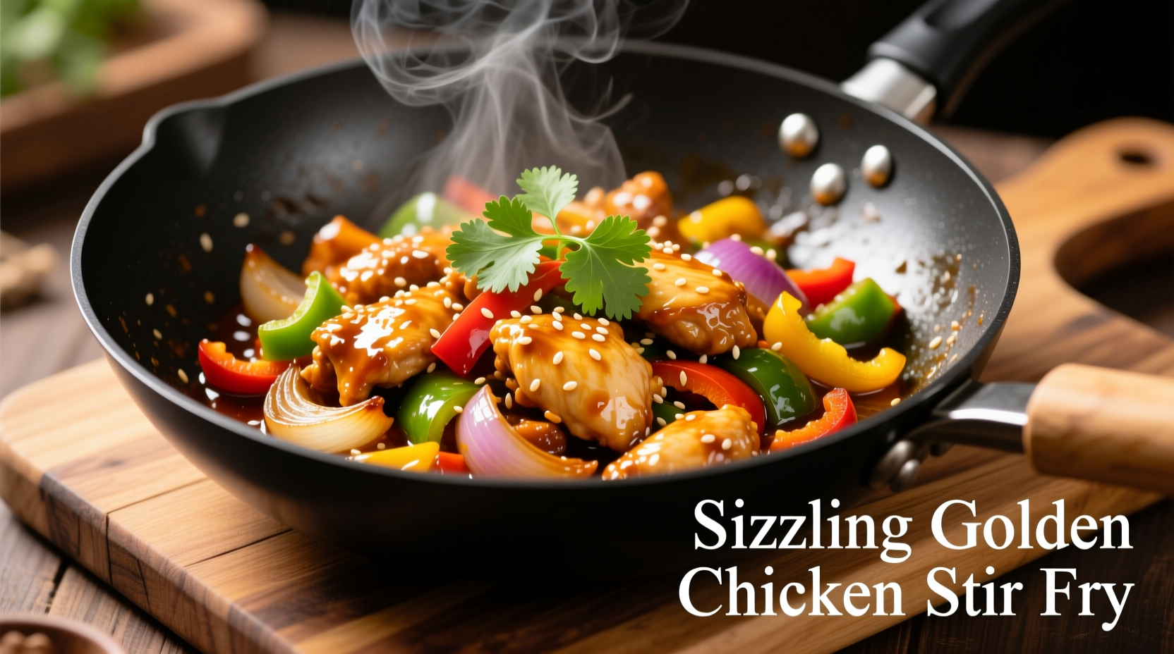 Golden chicken stir fry with colorful bell peppers and onions