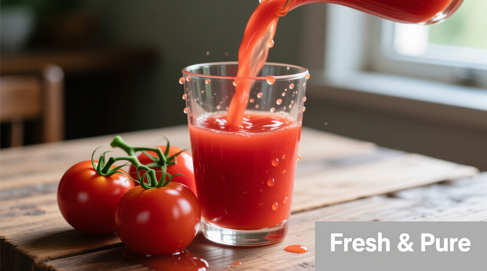 Fresh tomato juice poured into glass with tomatoes