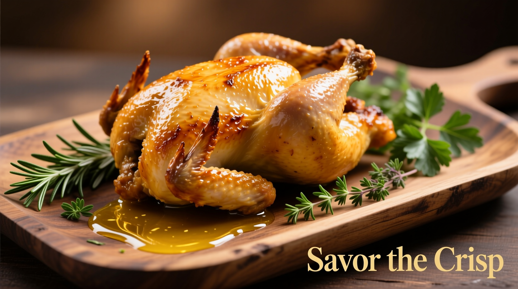 Perfectly roasted golden chicken on platter with herbs