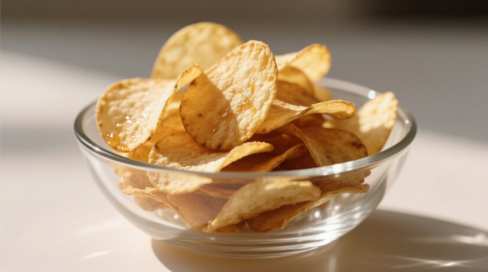 Golden brown plain potato chips in a glass bowl