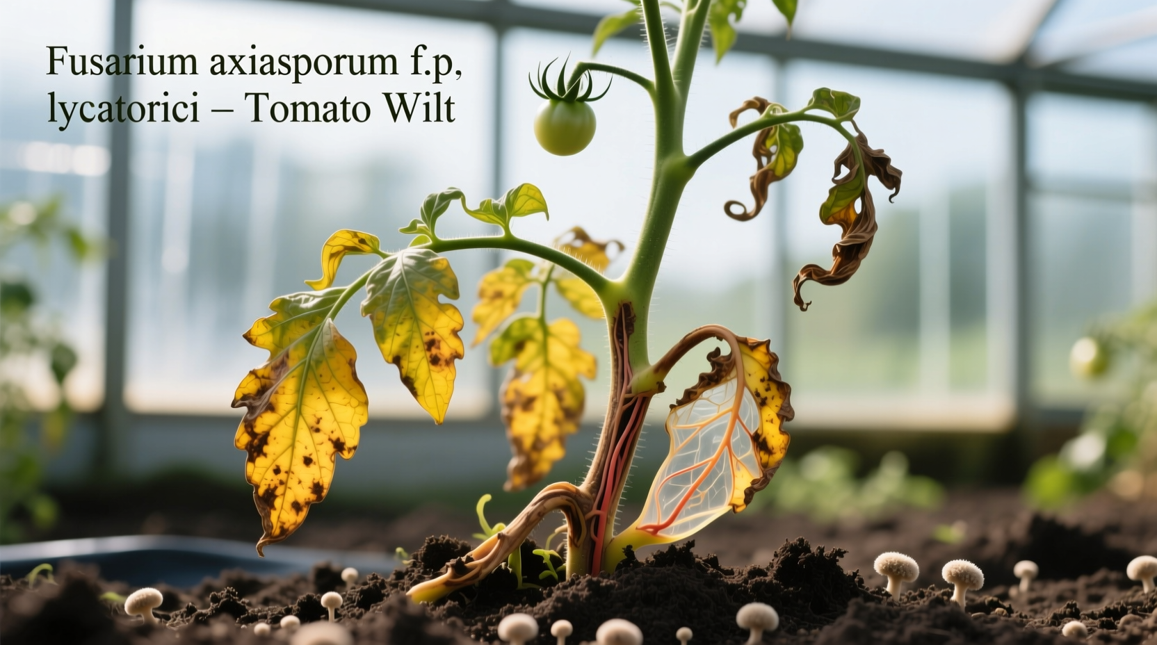 Tomato plant showing fusarium wilt symptoms with yellowing leaves