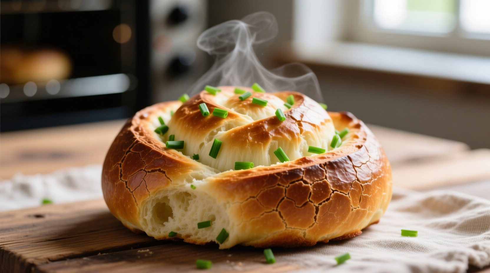 Freshly baked onion roll bread with visible green flecks