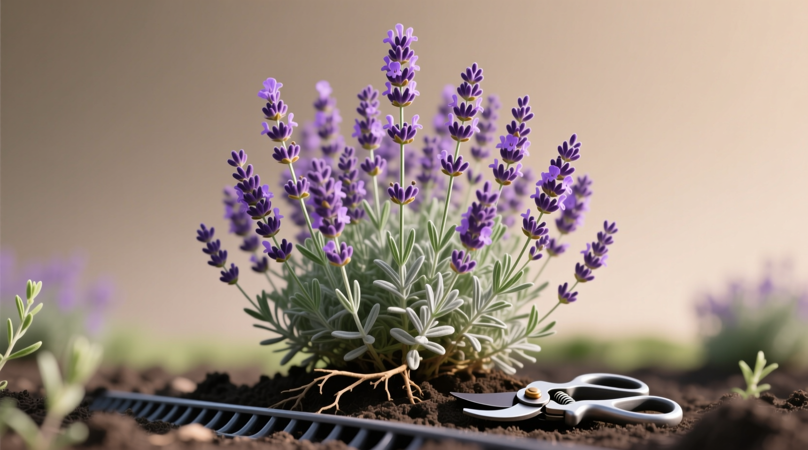 Lavender pruning technique: cutting 2-3cm above new spring growth without touching woody stems