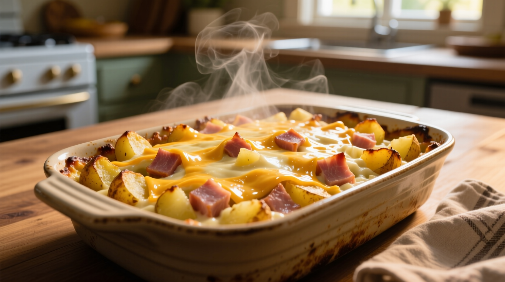 Golden cheesy ham and potato casserole fresh from oven