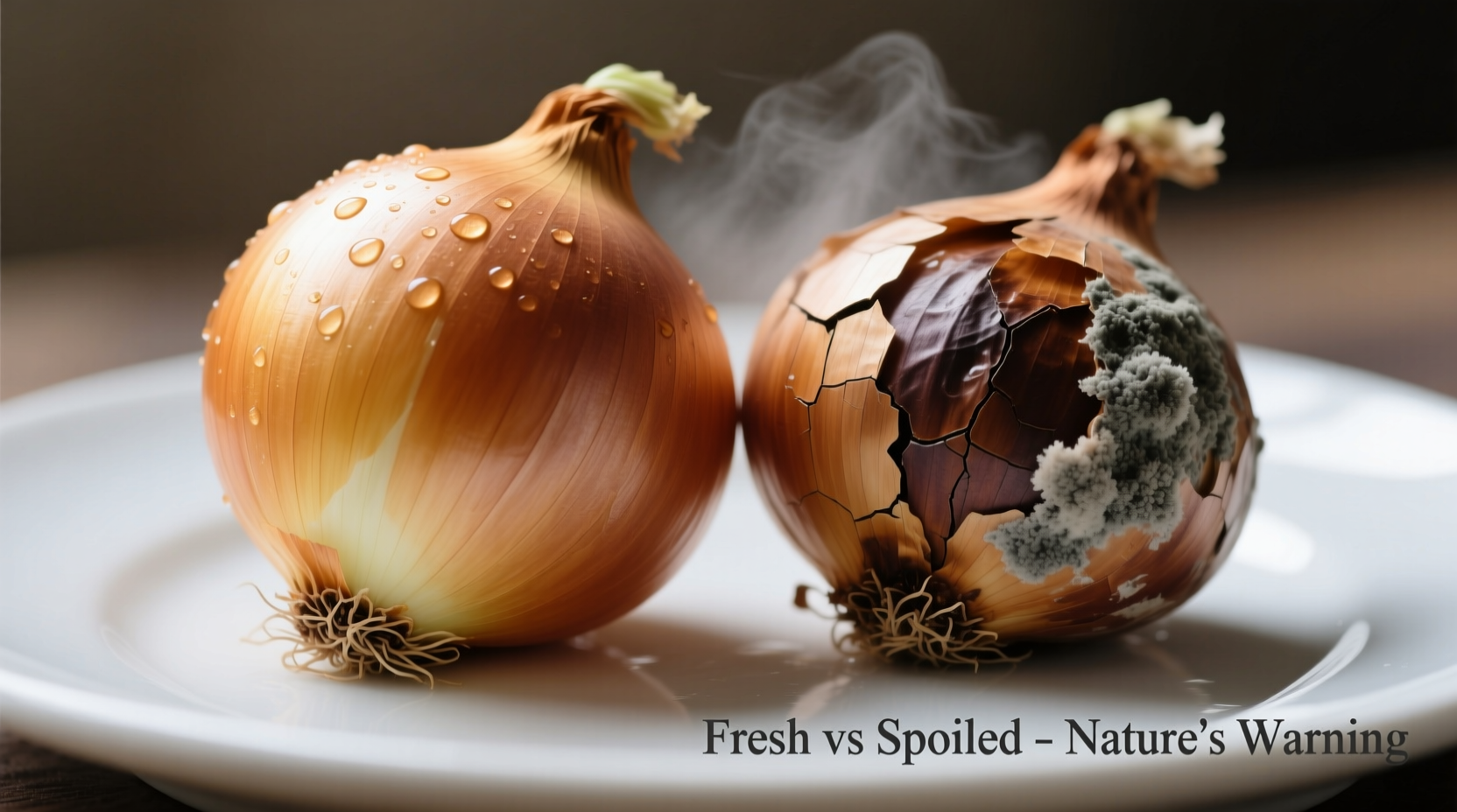 Close-up of fresh versus spoiled onions side by side