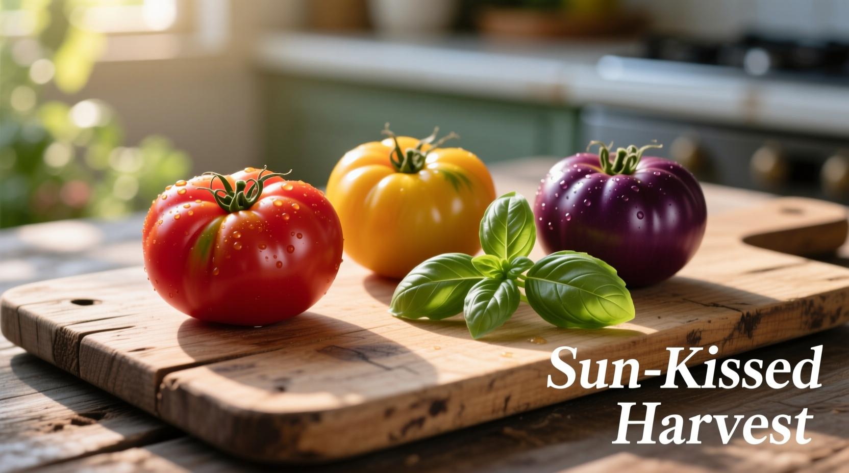 Fresh heirloom tomatoes with basil on wooden board