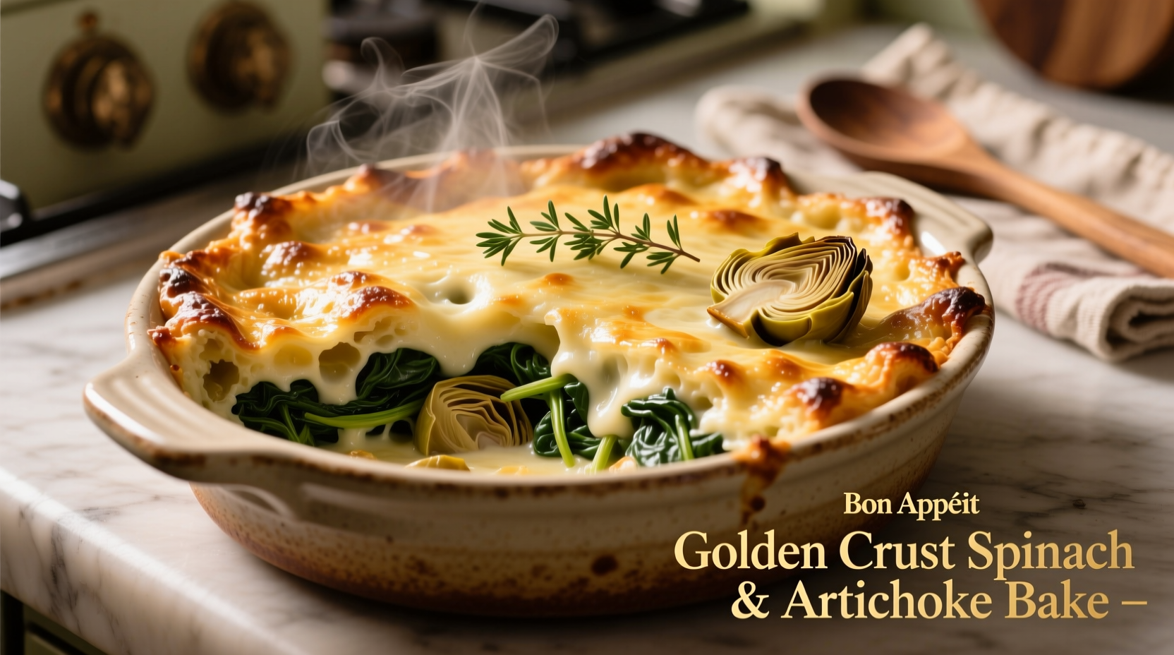 Spinach and artichoke casserole with golden crust