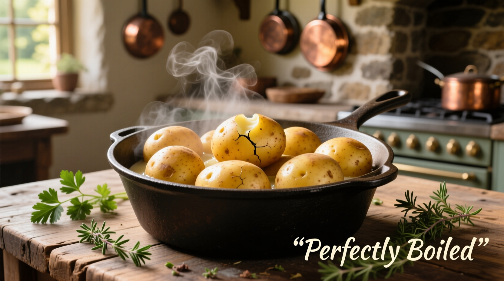 Perfectly boiled golden potatoes in a pot