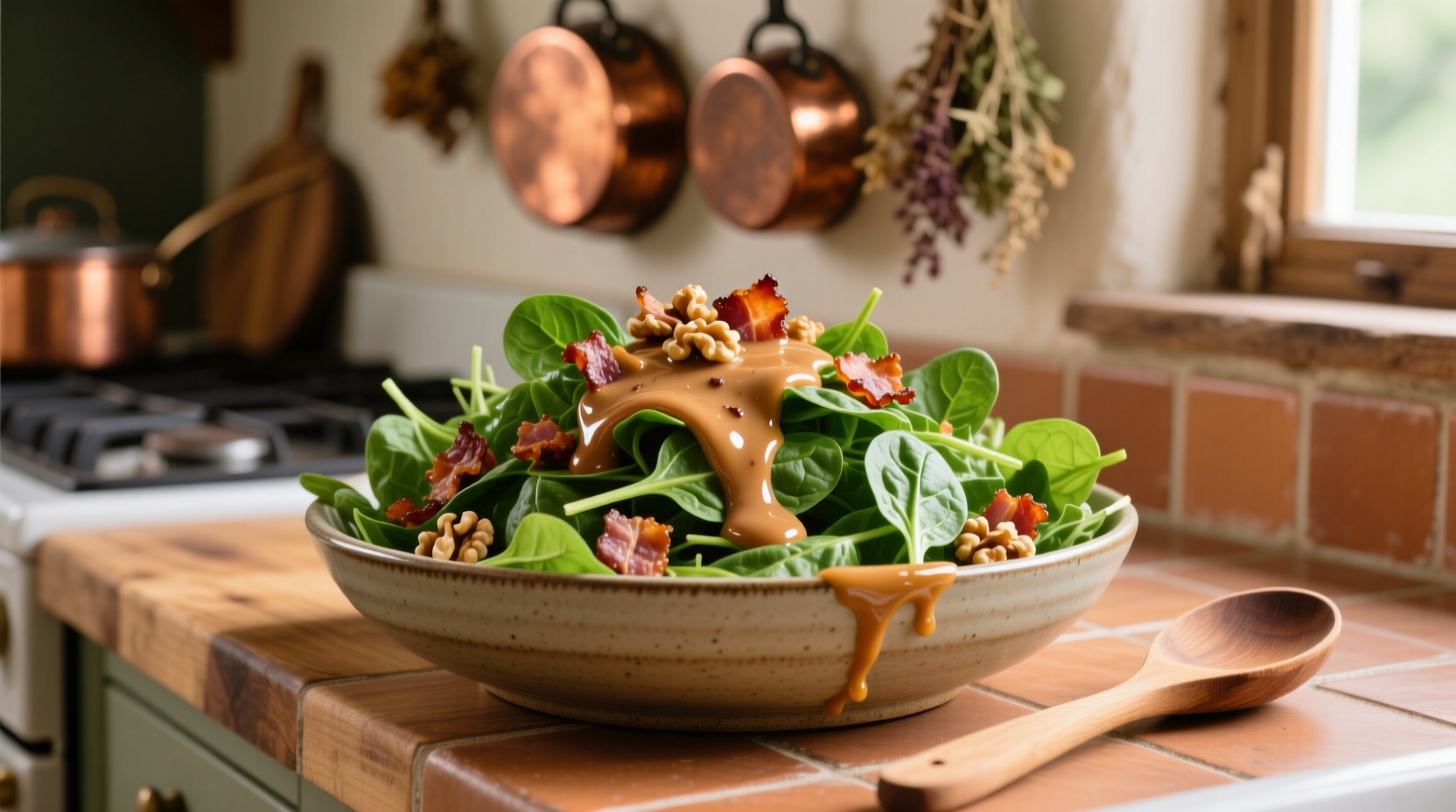 Fresh spinach salad with warm bacon dressing
