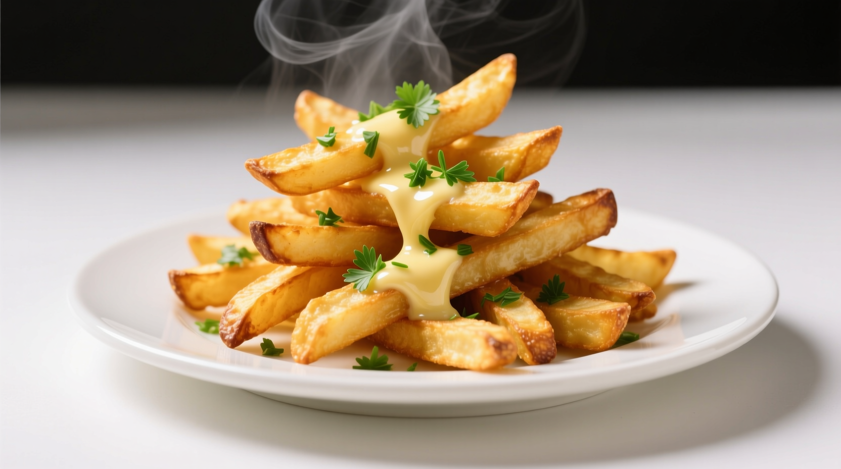 Golden garlic fries on white plate with fresh parsley