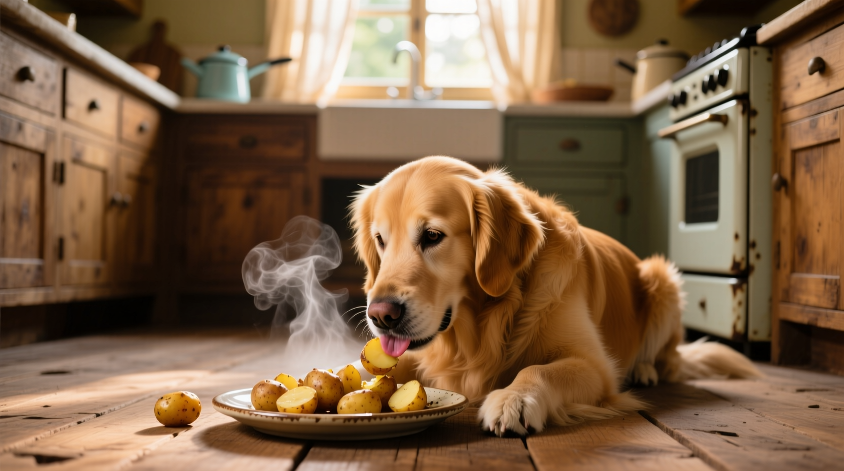 Golden retriever eating small portion of cooked potatoes